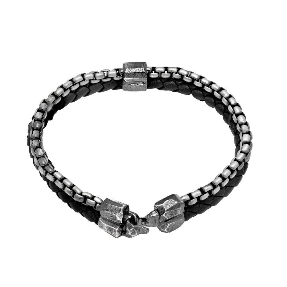 Double Chain and Leather Cord Bracelet for Men