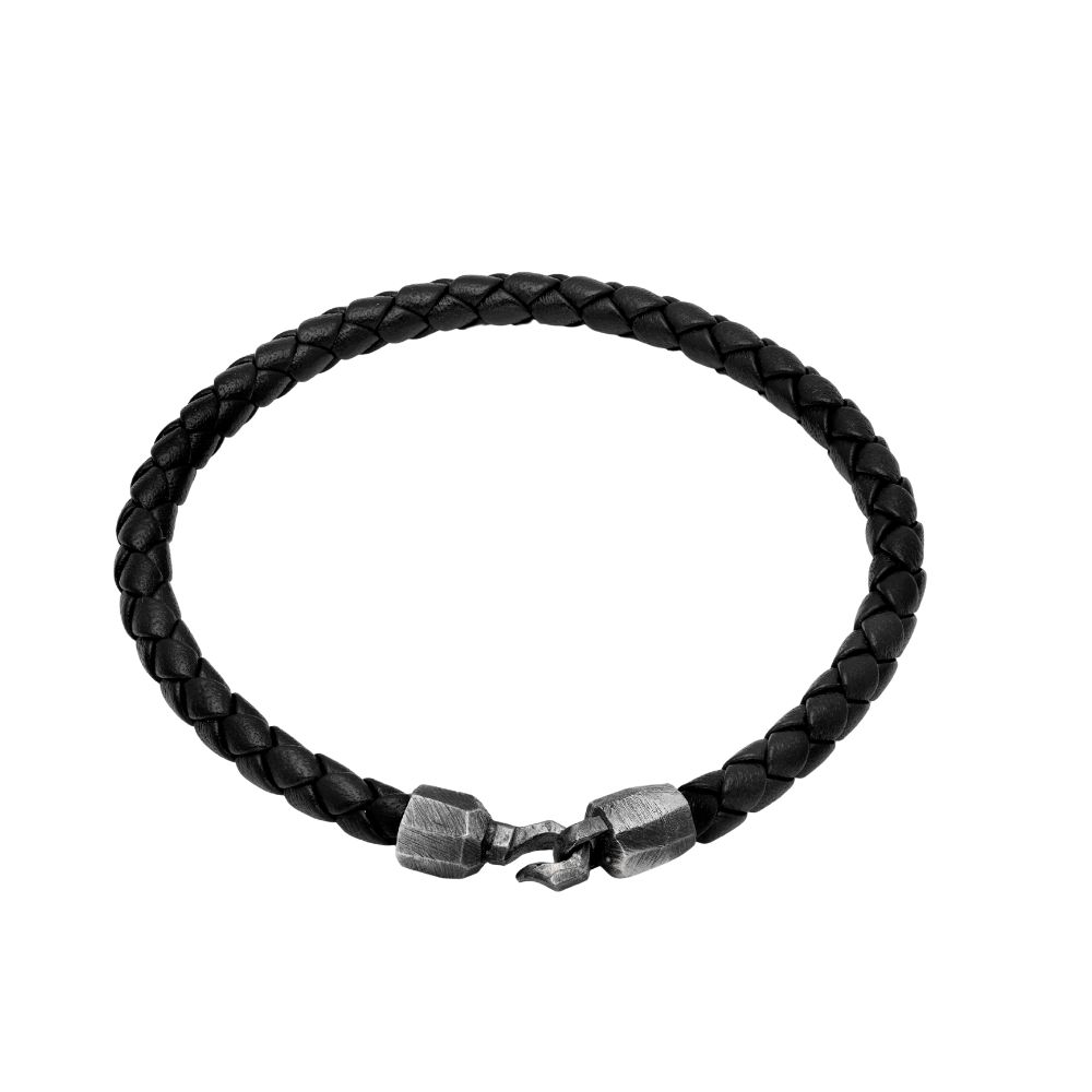Black Leather Cord Bracelet Sterling Silver