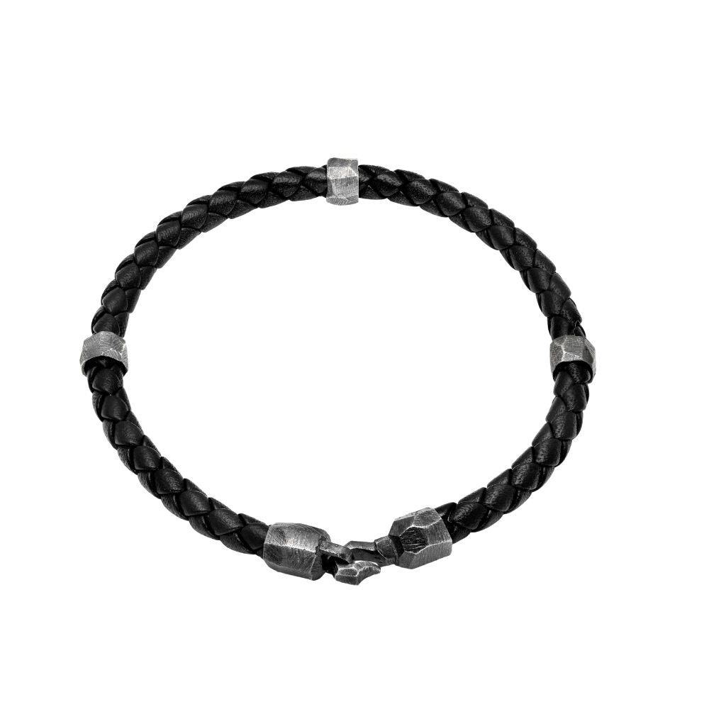 Silver Black Leather Braid Bracelet