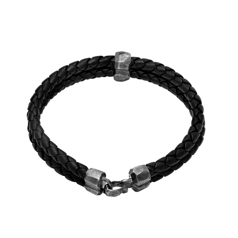Braided Black Leather Bracelet Oxidized Silver