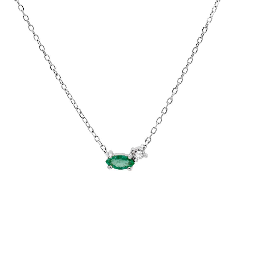 Marquise Emerald Diamond Necklace 14K White Gold