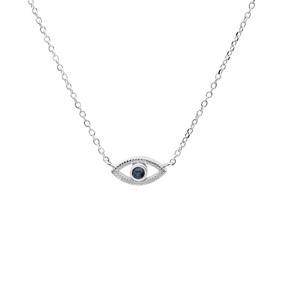 Blue Sapphire Eye Necklace 14K Solid White Gold