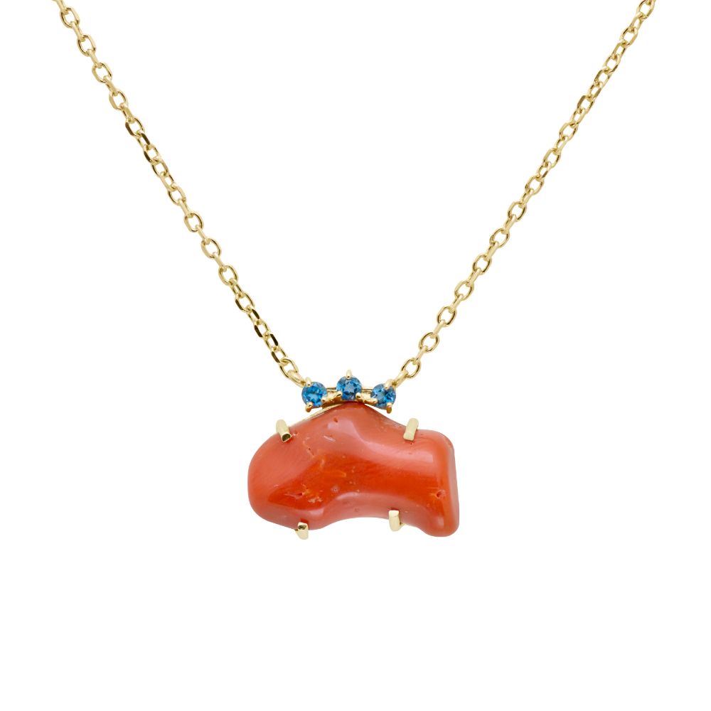 Coral Blue Topaz Necklace 14K Gold for Women