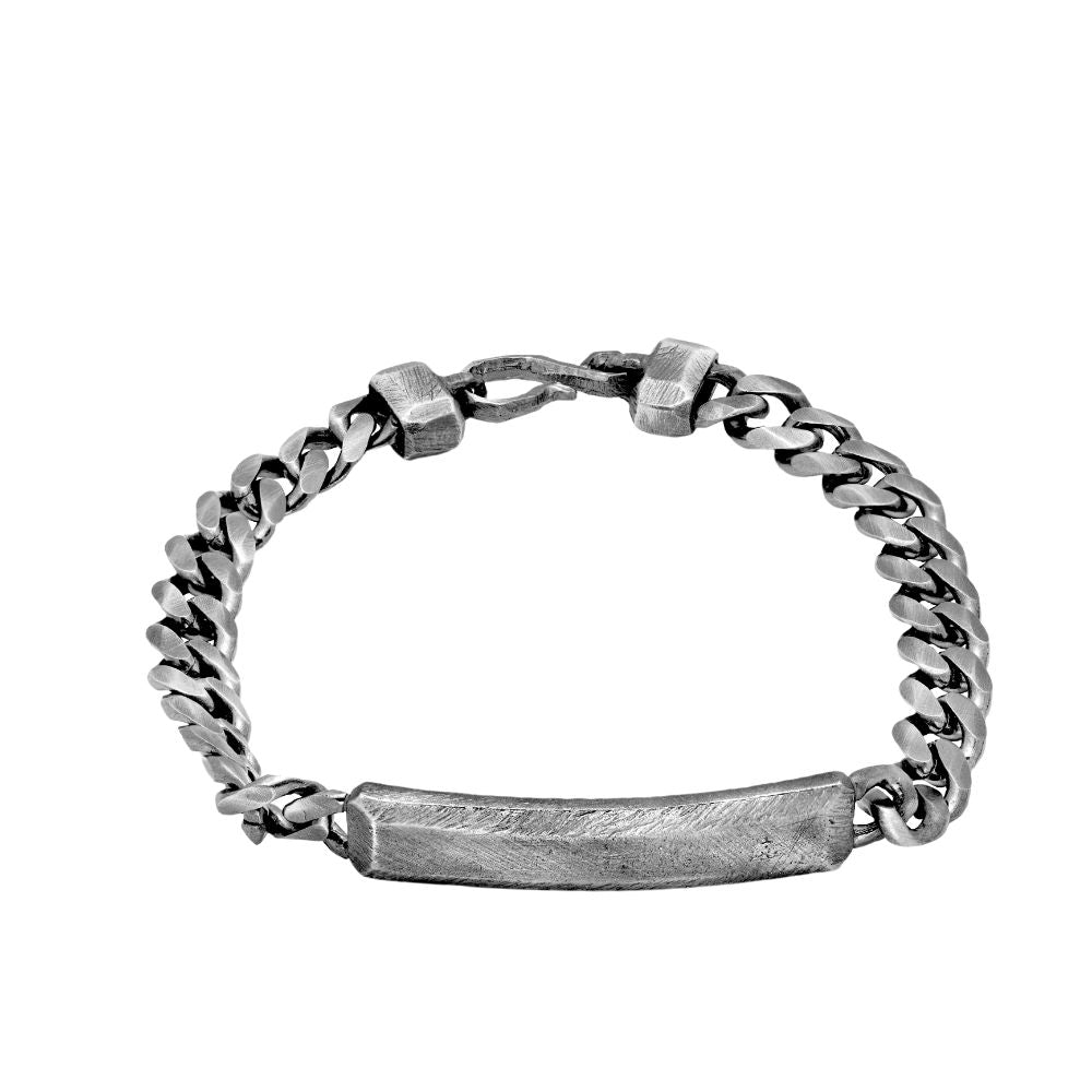 Personalized sterling silver ID bracelet with faceted bar and dark oxidized curb chain for men.