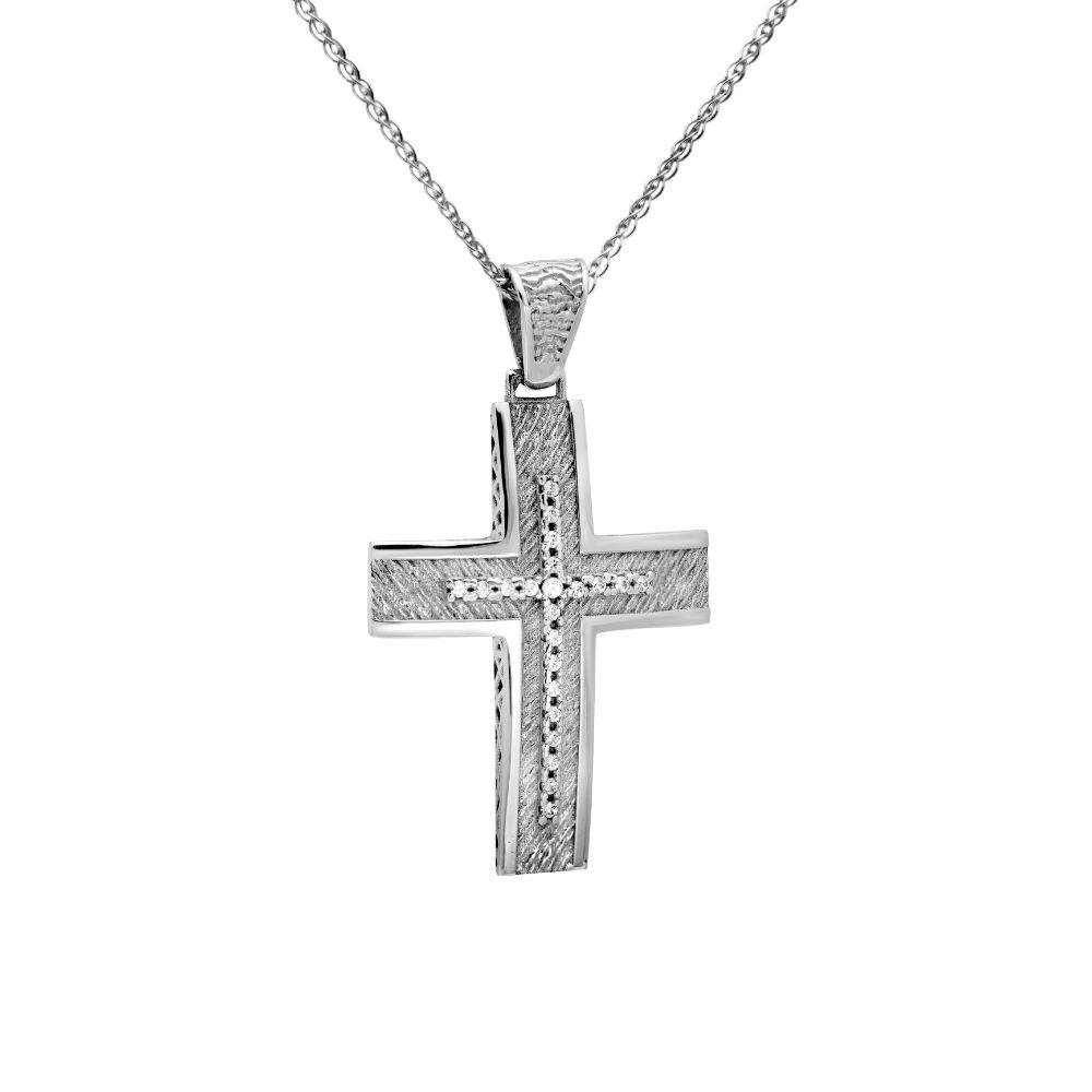 Geometric Textured Baptism Cross with Chain