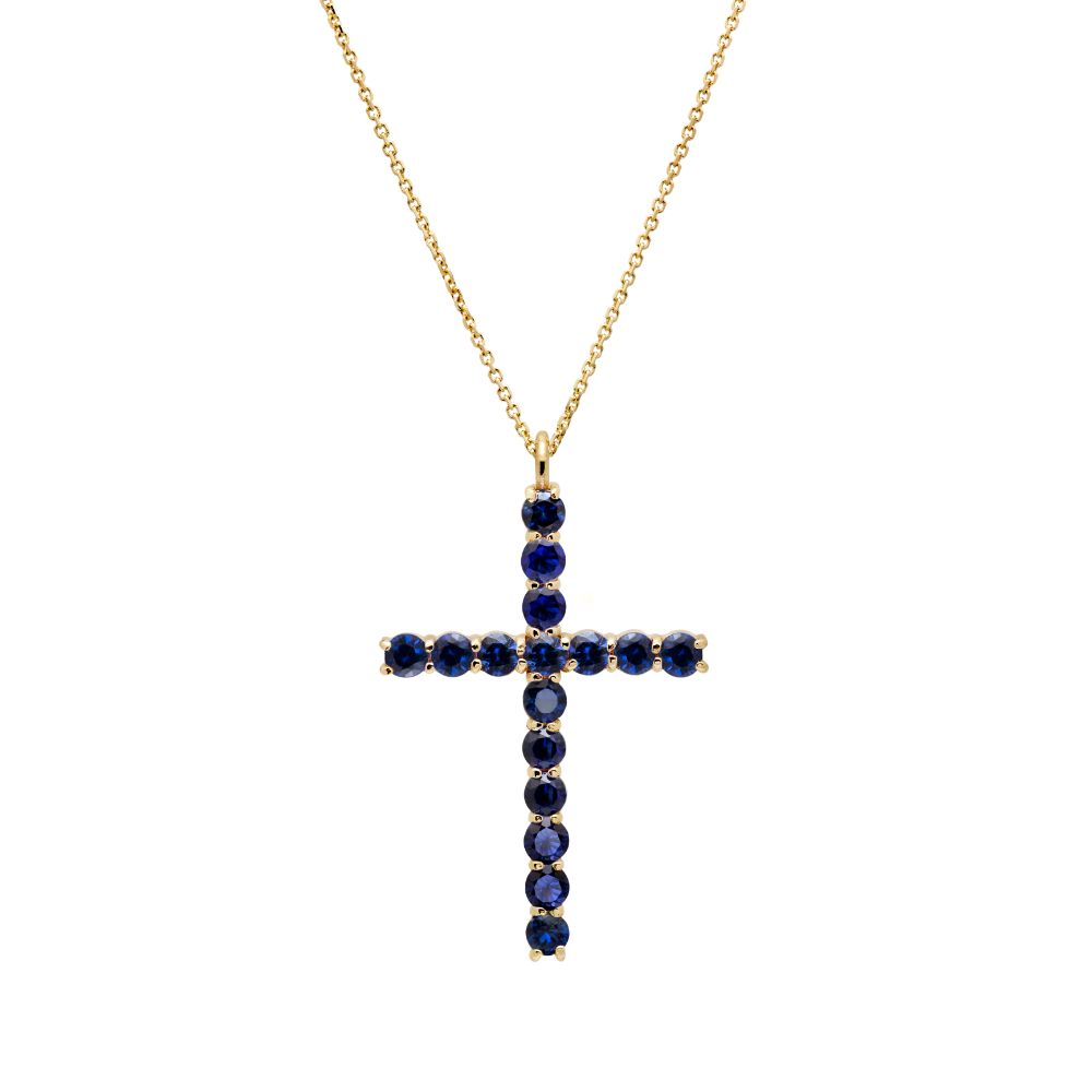 Blue Sapphire Cross Necklace 14K Gold