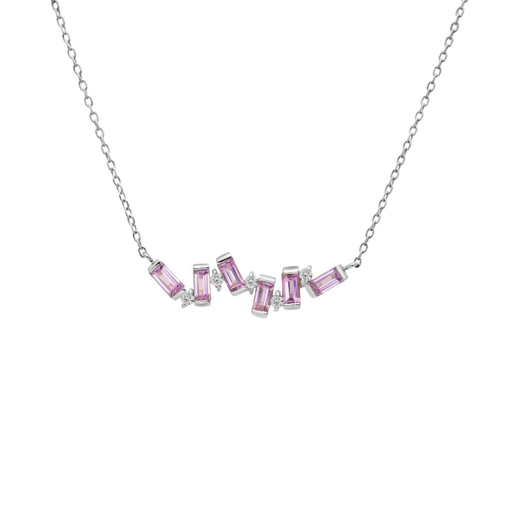 Pink Sapphire Baguette Necklace 14K White Gold