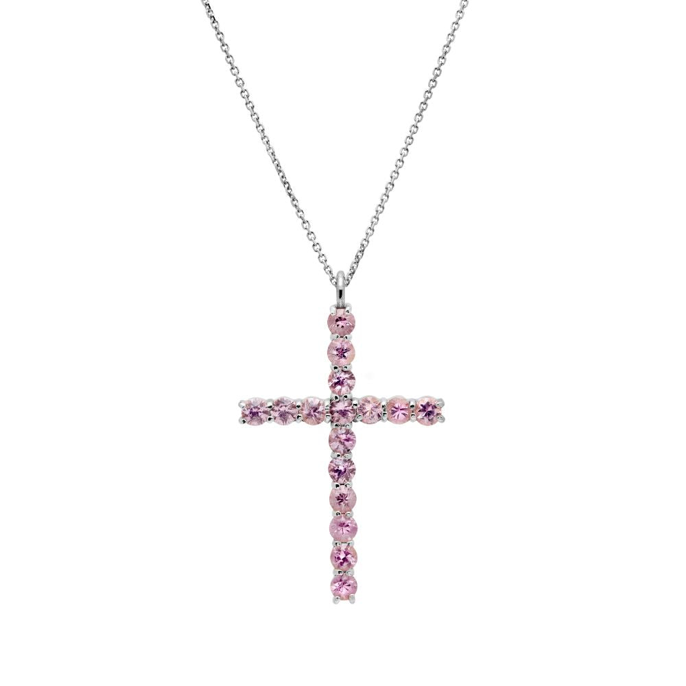 Pink Sapphire Cross Necklace 14K White Gold