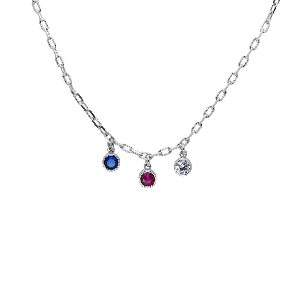 Birthstone Personalized Necklace Silver 925 with blue, pink, and clear cubic zirconia stones on a silver chain.