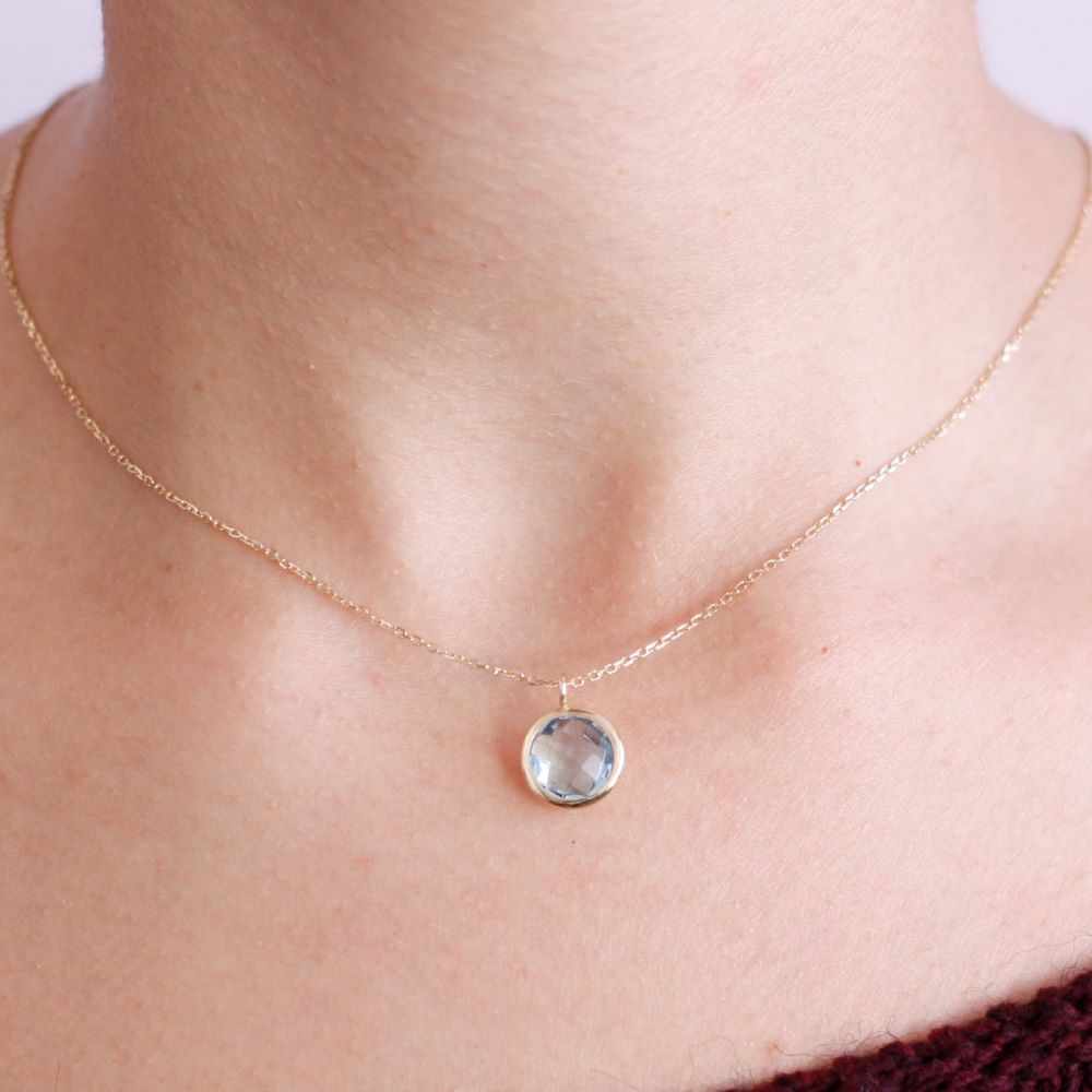 Blue Topaz Necklace in 14K Gold - Natural Gemstone 10mm