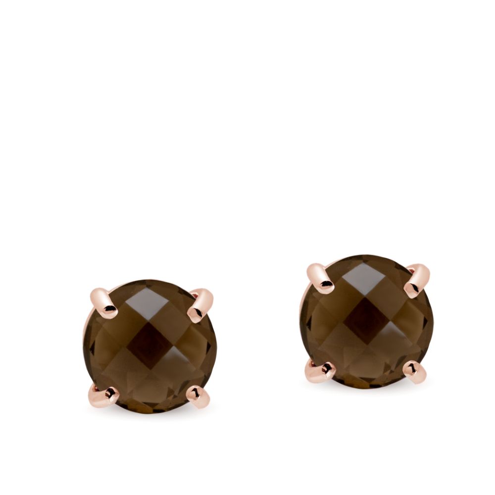 Smoky Quartz Stud Earrings 14K Rose Gold 8mm