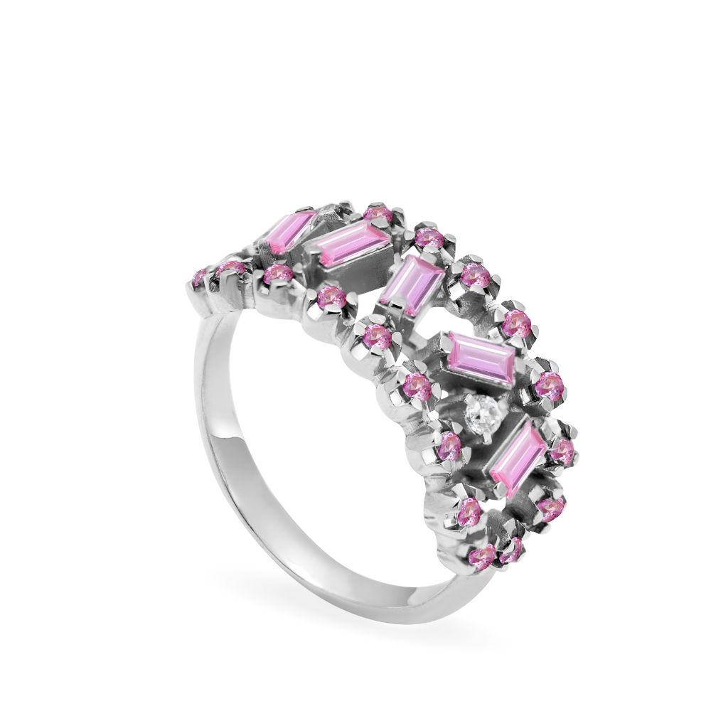 Pink Sapphire Baguette Diamond Ring 14K Gold