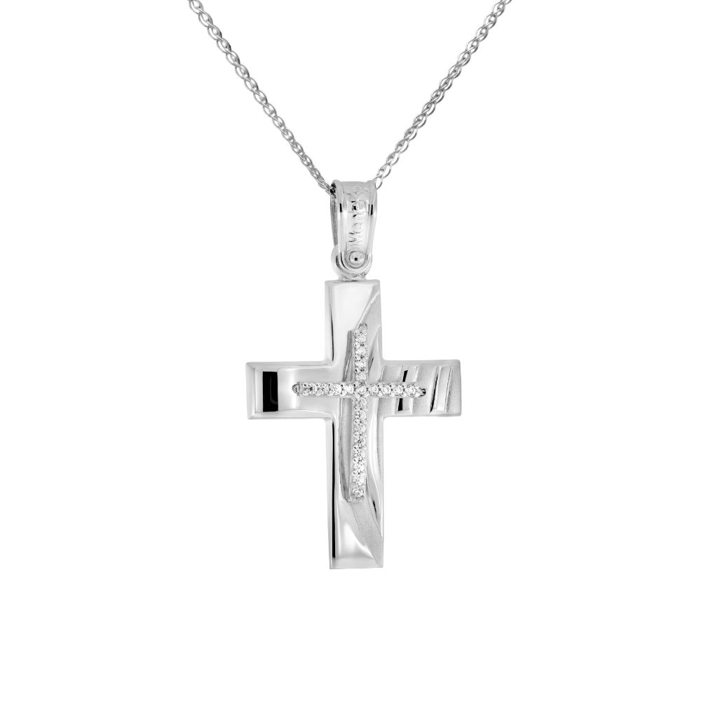 Baptism 14K White Gold Cross with Chain Kyklos