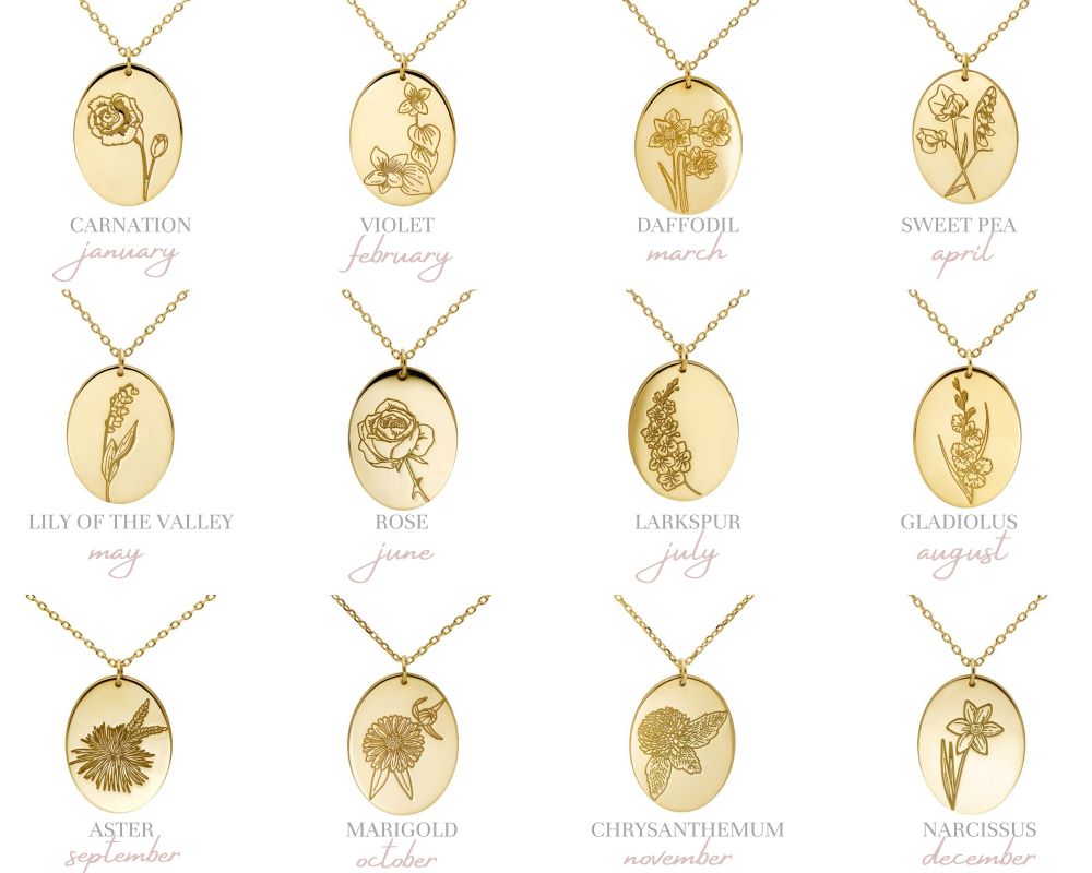 Personalized Birth Month Flower Necklace Silver Chart