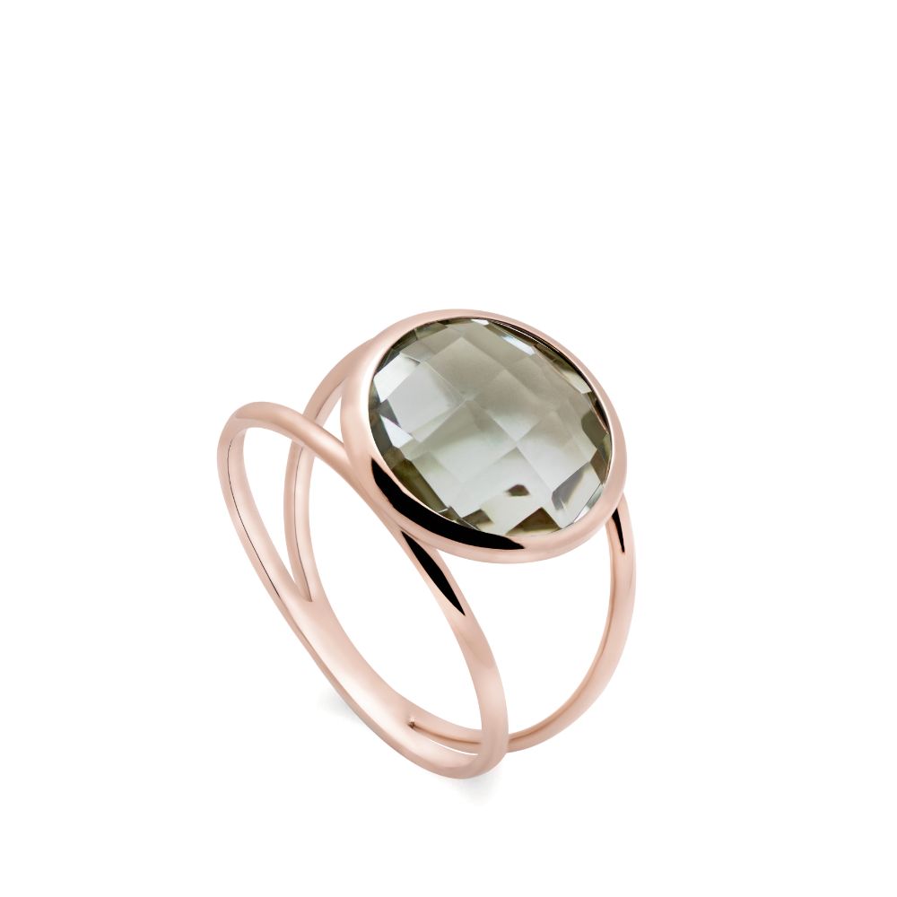 Green Amethyst 14K Double Band Ring with 12mm Gemstone