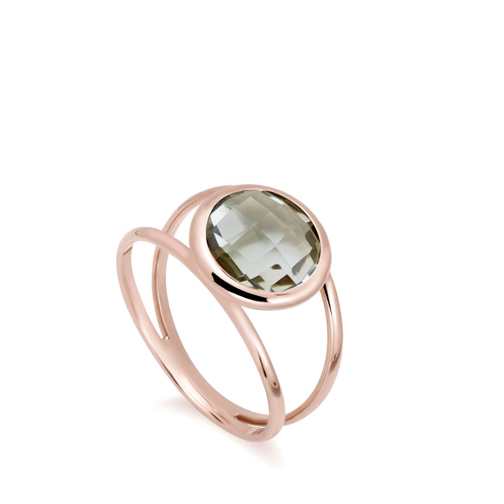 Green Amethyst 14K Double Band Ring with 10mm Gemstone