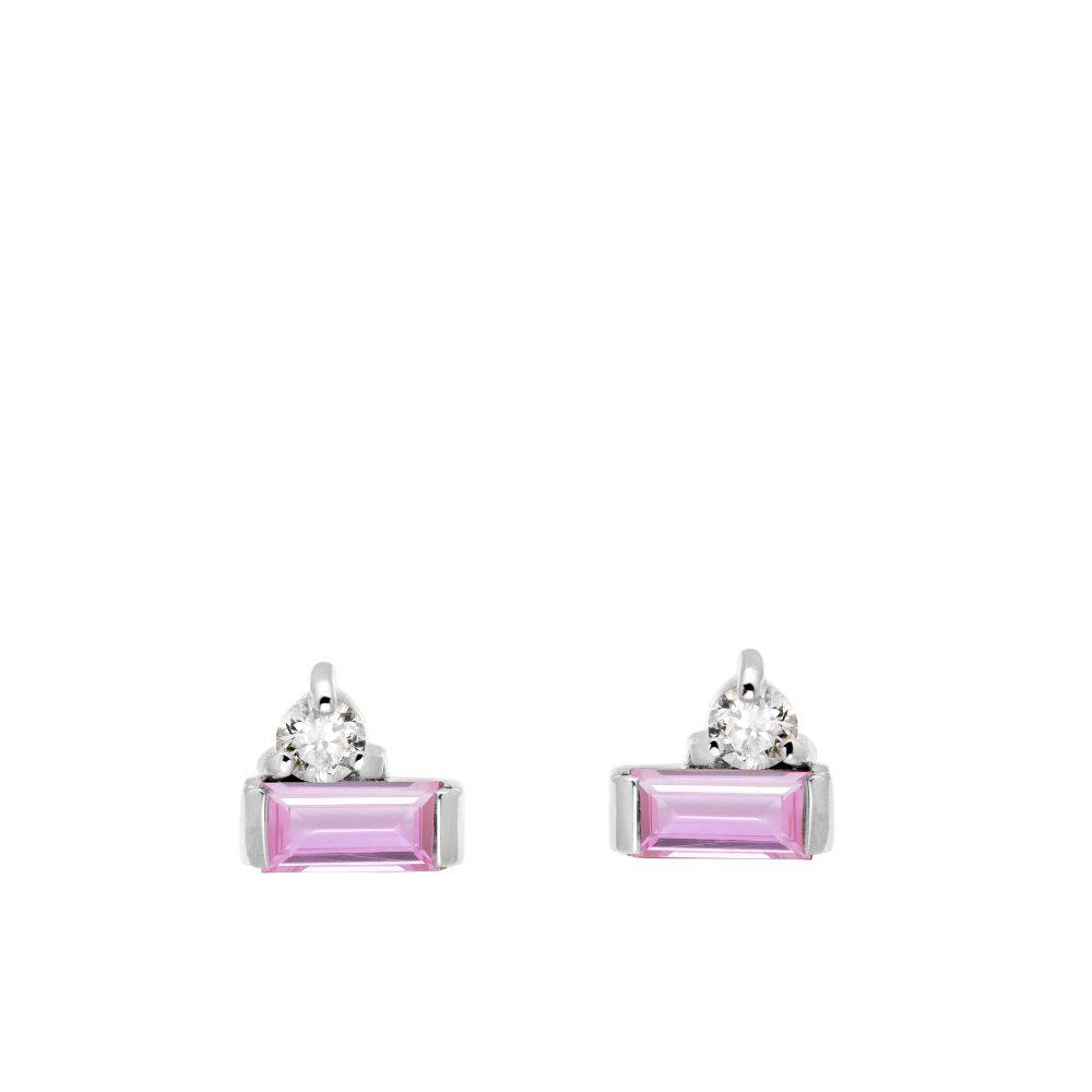 Pink Baguette Sapphire Diamond Studs 14K White Gold