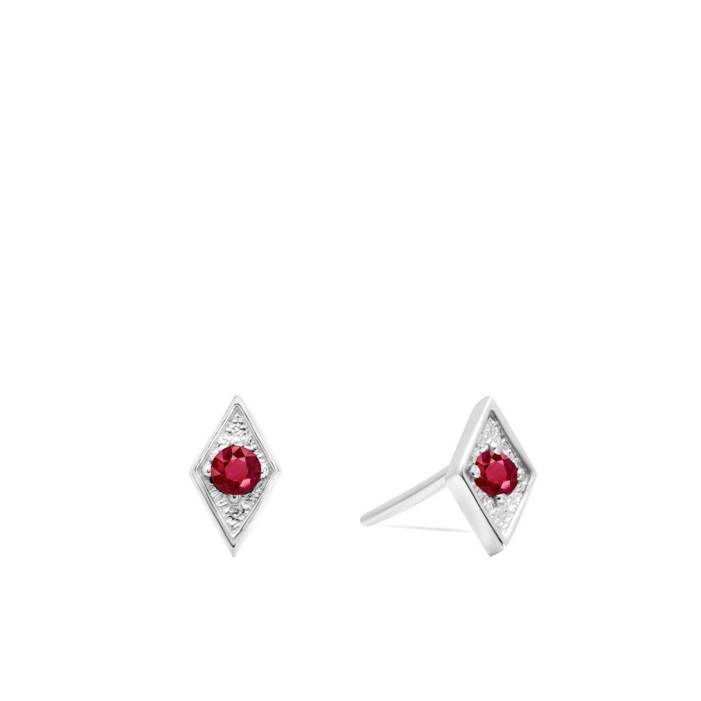 Square ruby earrings 14K gold with round cut rubies on a white background, perfect for elegant outfits.