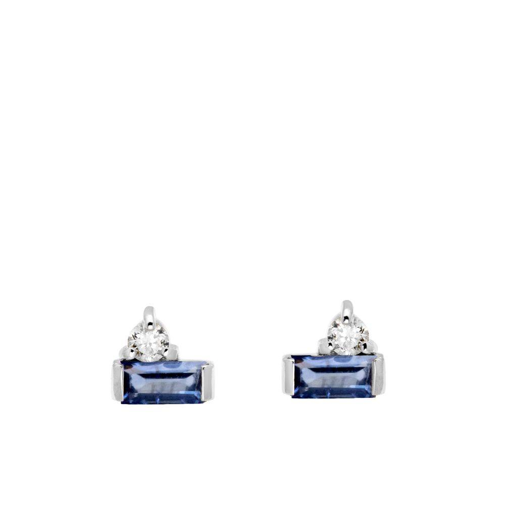 Blue Baguette Sapphire Diamond Studs 14K White Gold