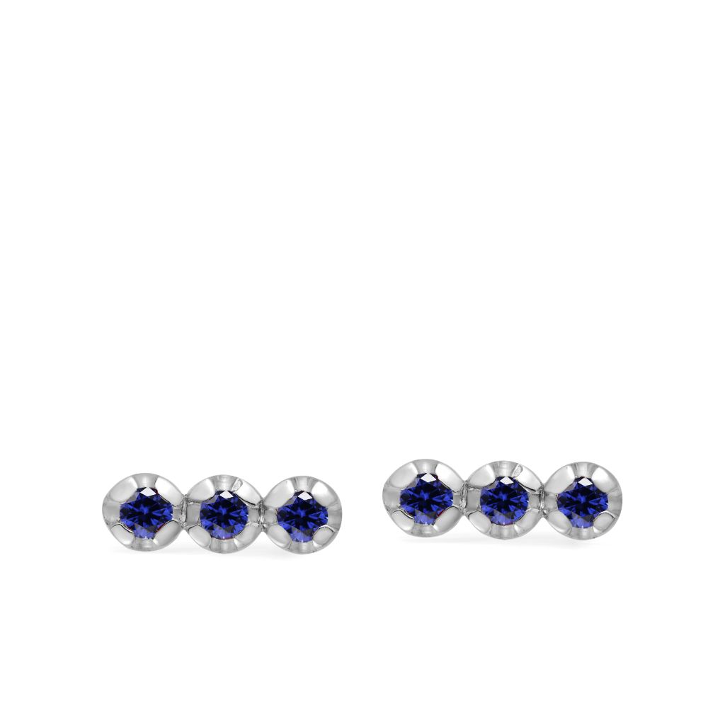3 Blue Sapphire Stud Earrings 14K White Gold