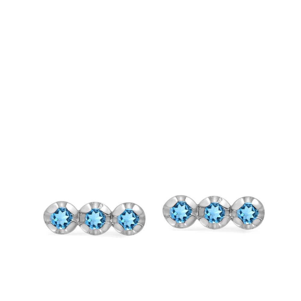3 Swiss Blue Topaz Stud Earrings 14K Gold - White Gold