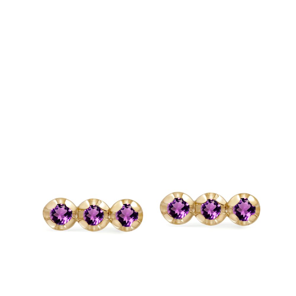3 Purple Amethyst Stud Earrings 14K Gold - Natural Gemstones