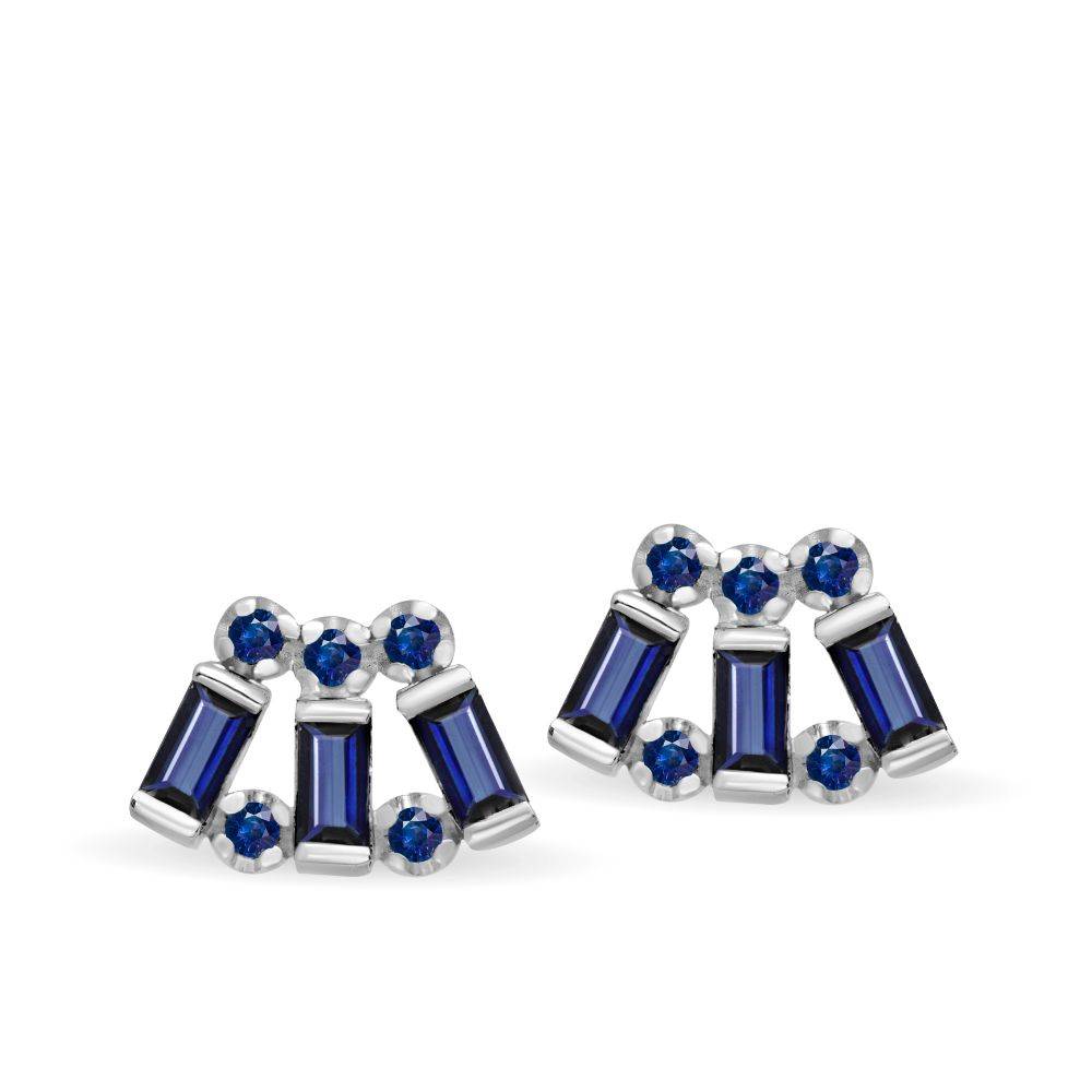 Blue Sapphire Baguette Stud Earrings 14K Gold - White Gold