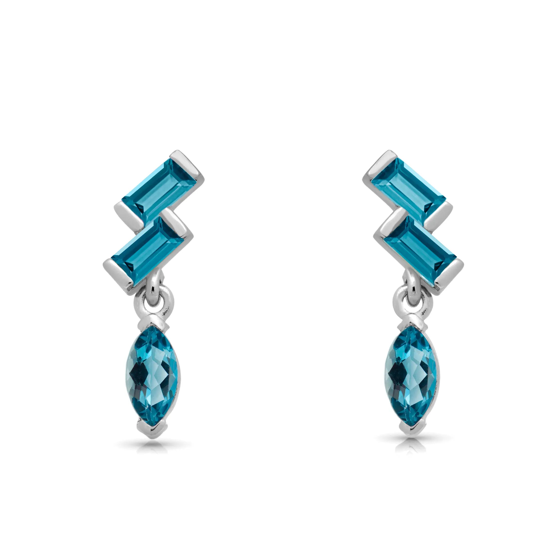 London Blue Topaz Baguette Marquise Studs 14K featuring baguette and marquise cut gemstones in 14K gold and white gold settings.