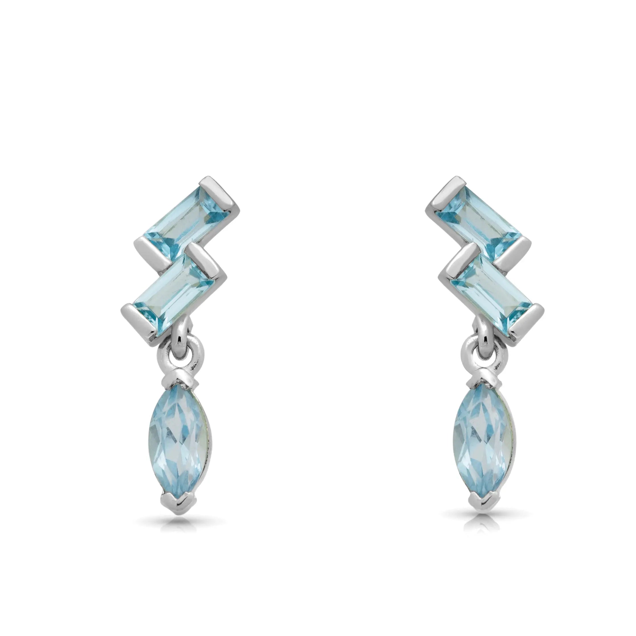Sky Blue Topaz Baguette Marquise Studs 14K White Gold