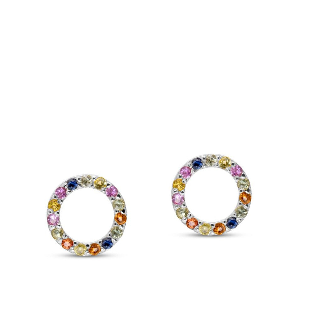 Rainbow Sapphire Stud Earrings 14K White Gold