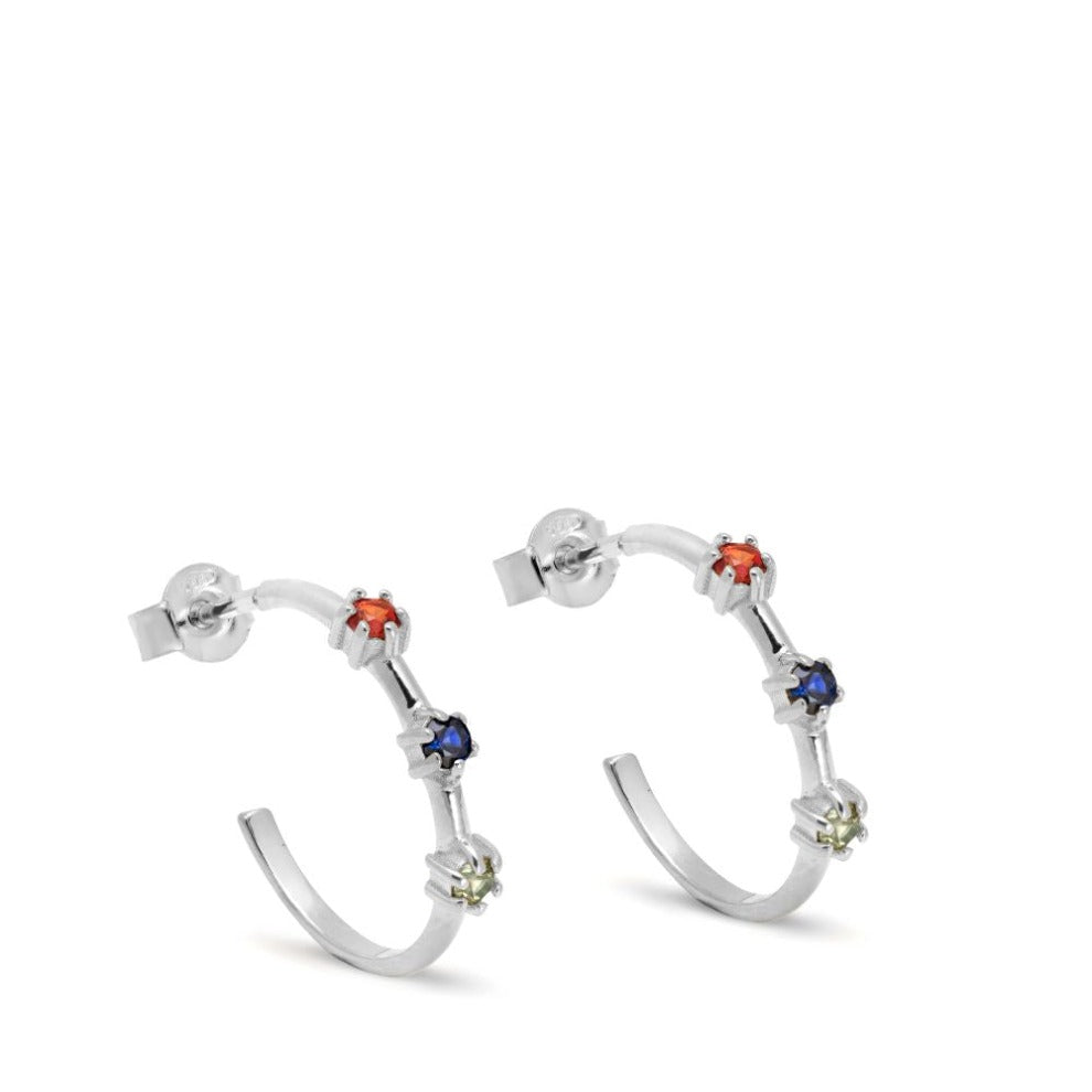 Rainbow Sapphire Hoop Earrings 14K White Gold