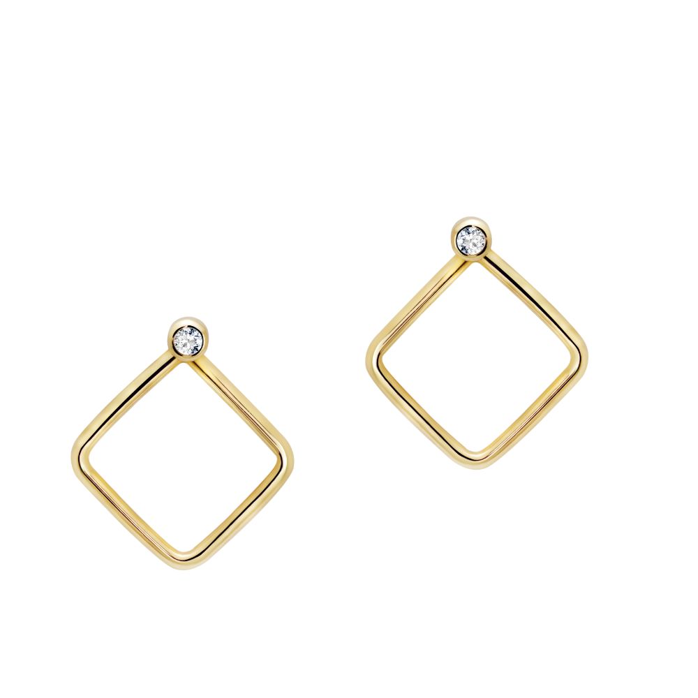 Diamond Square Hoop Studs 14K Gold for Women