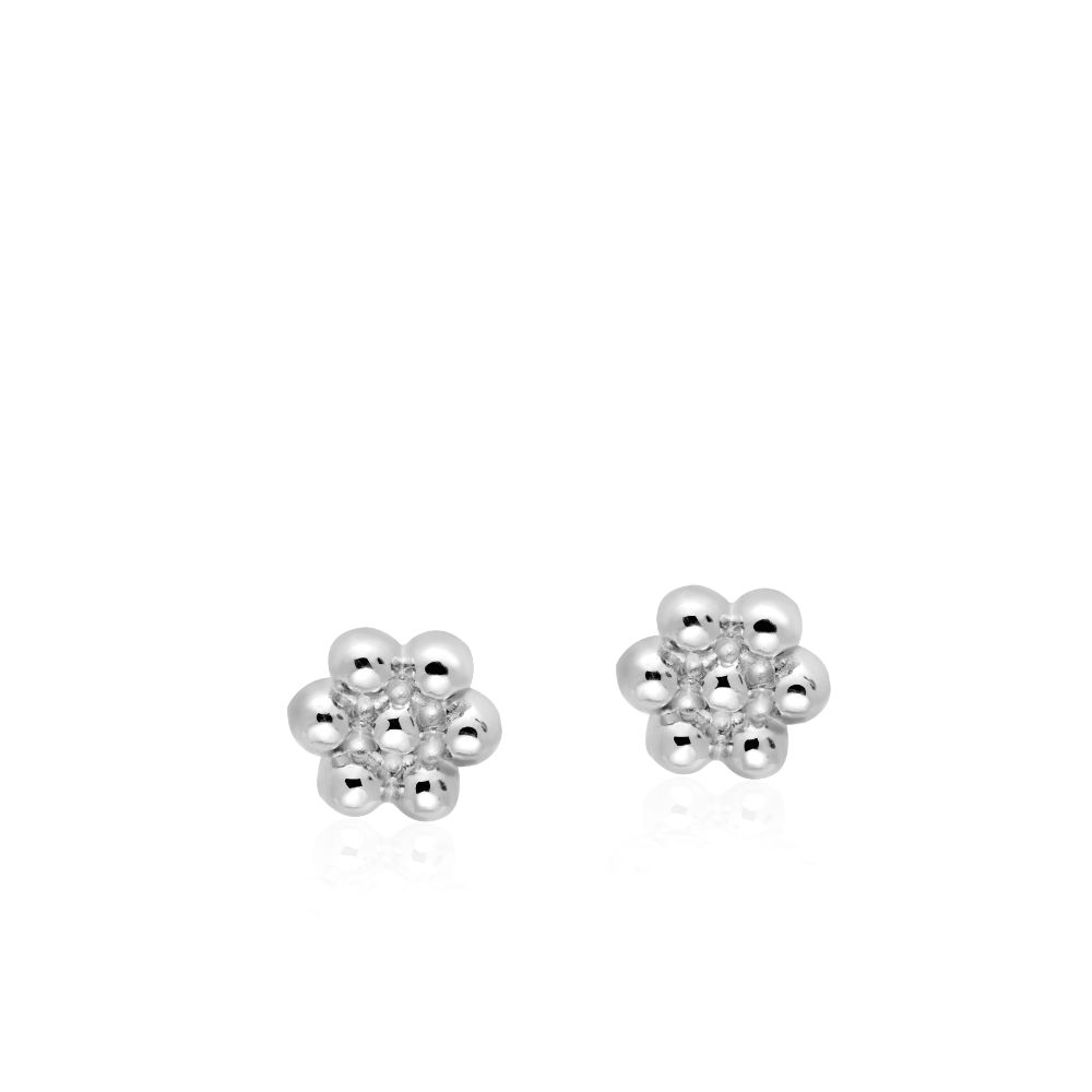 Flower Dot Stud Earrings 14K White Gold