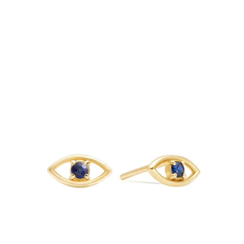 Evil Eye Blue Sapphire Earrings 14K Solid Gold