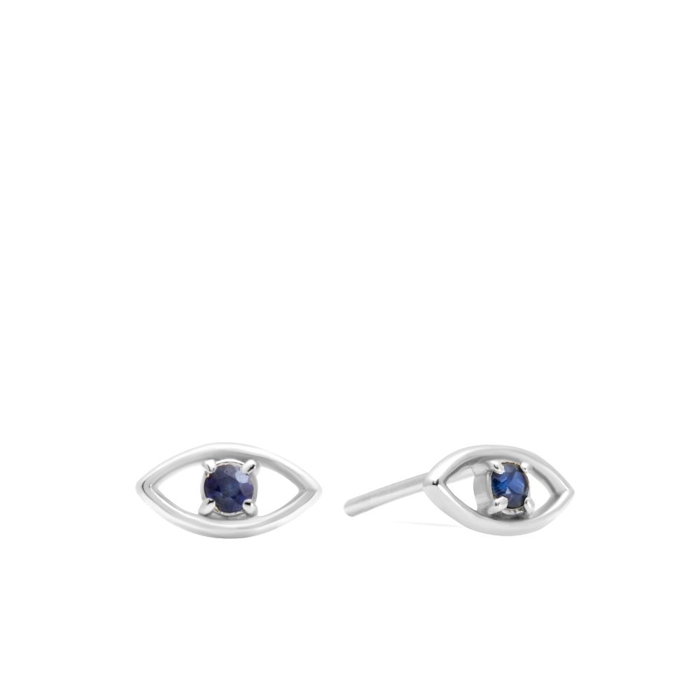 Evil Eye Blue Sapphire Earrings 14K White Gold