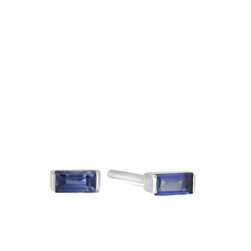 Blue Sapphire Baguette Earrings 14K White Gold