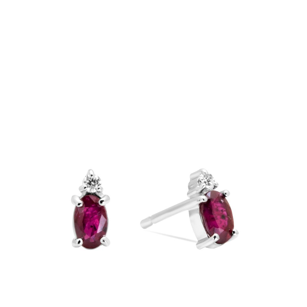 Ruby Diamond Oval Stud Earrings 14K Gold