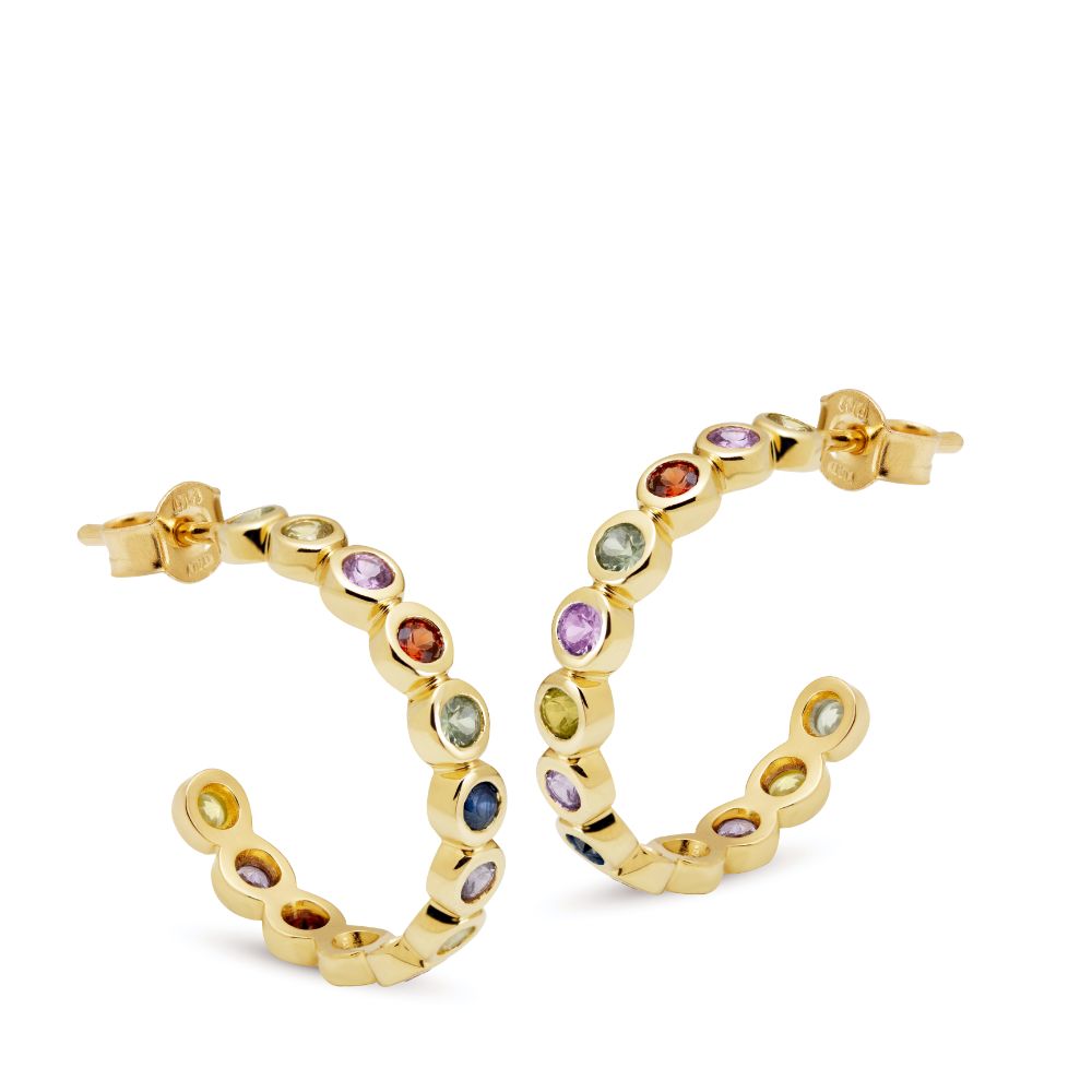 Rainbow Sapphire Hoop Earrings 14K Gold Natural Gemstones