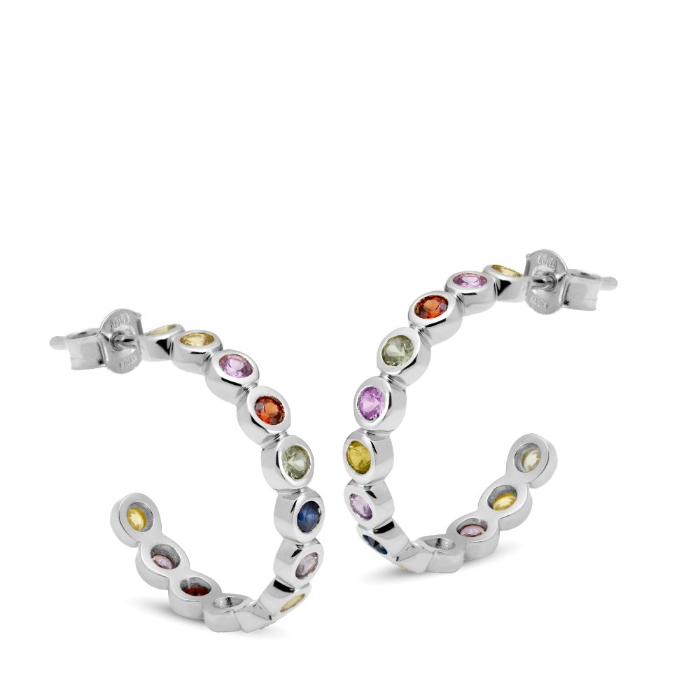 Rainbow Sapphire Hoops 14K White Gold