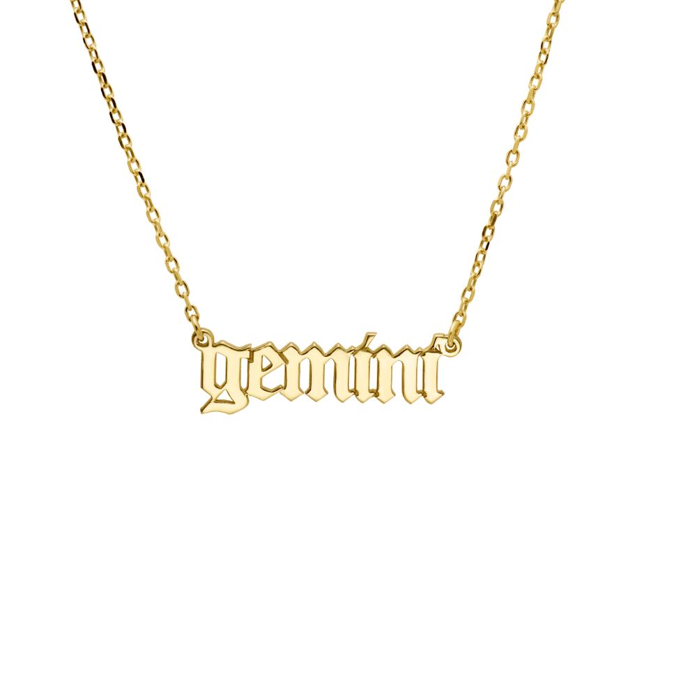 Old English Zodiac Silver Necklace with Gemini design in gold plated sterling silver.