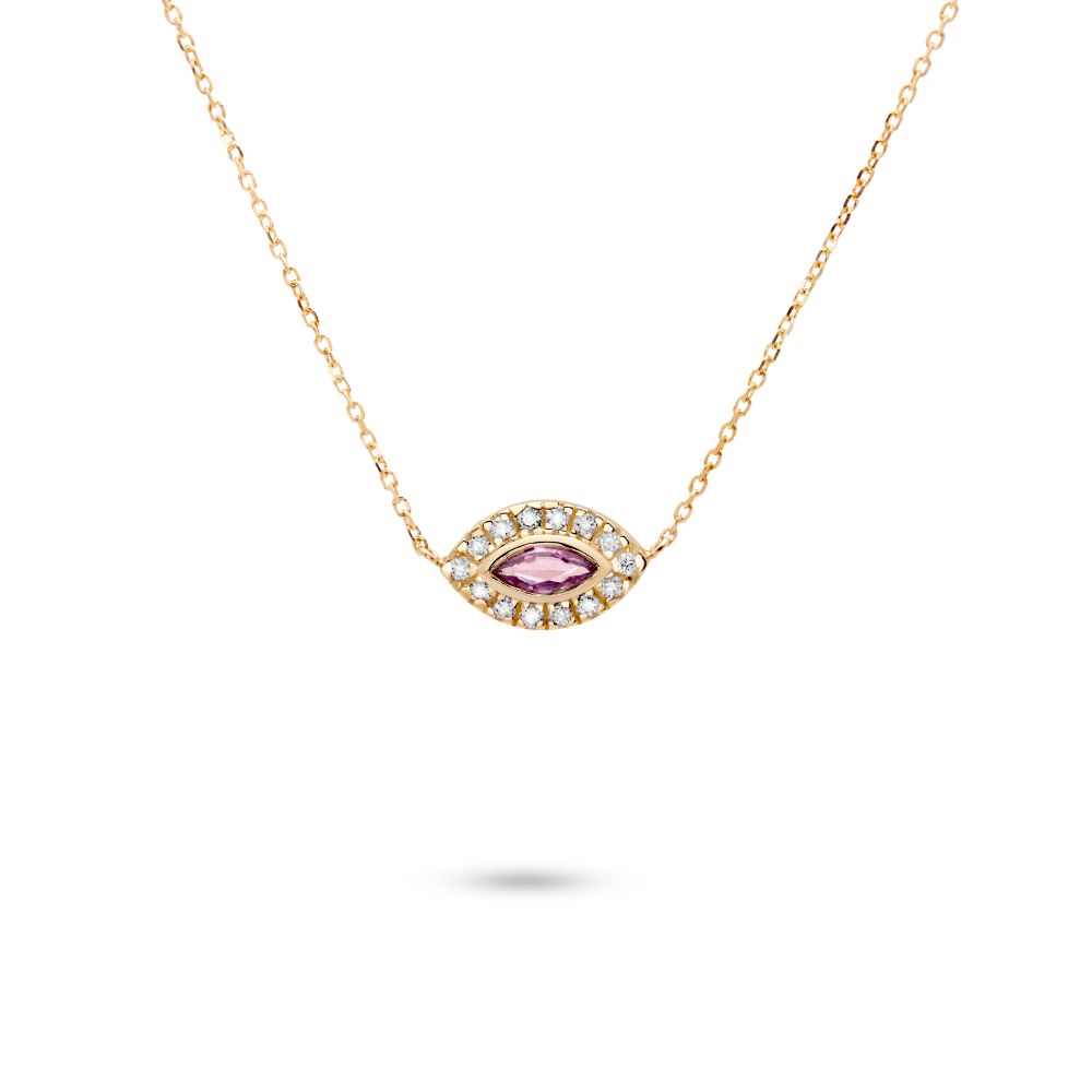 Pink Sapphire Diamond Eye Necklace 14K Gold