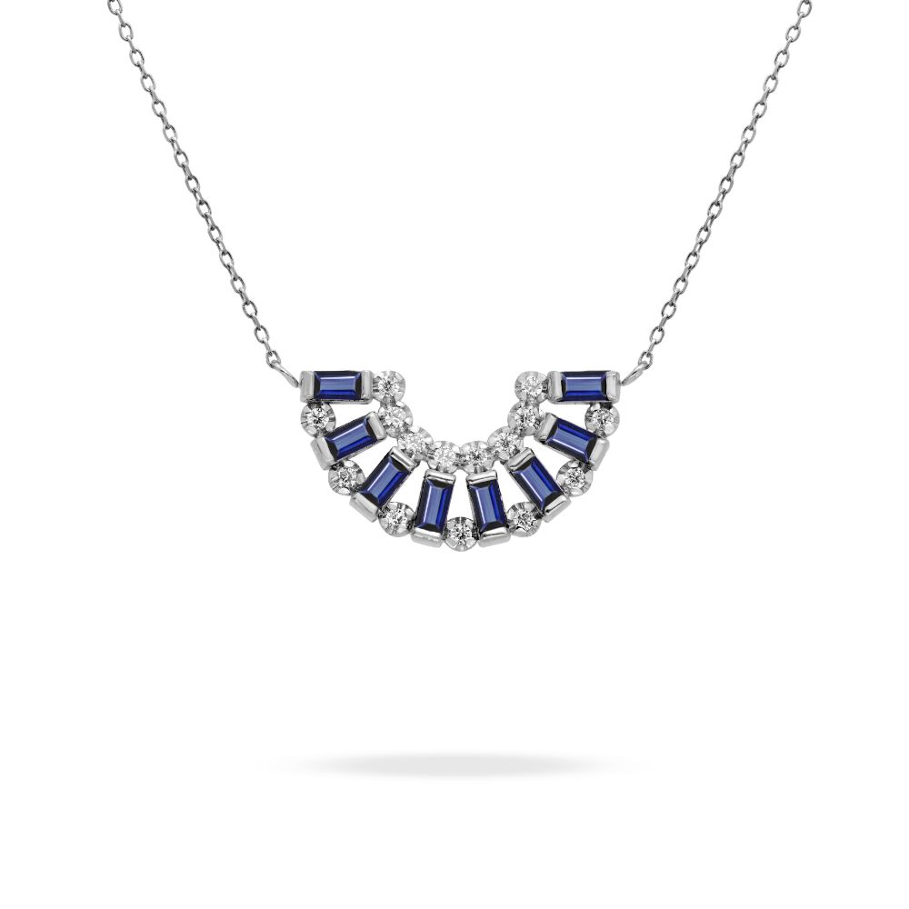 Blue Sapphire Half Circle Necklace 14K Gold with baguette cut sapphires and brilliant cut diamonds on a delicate chain