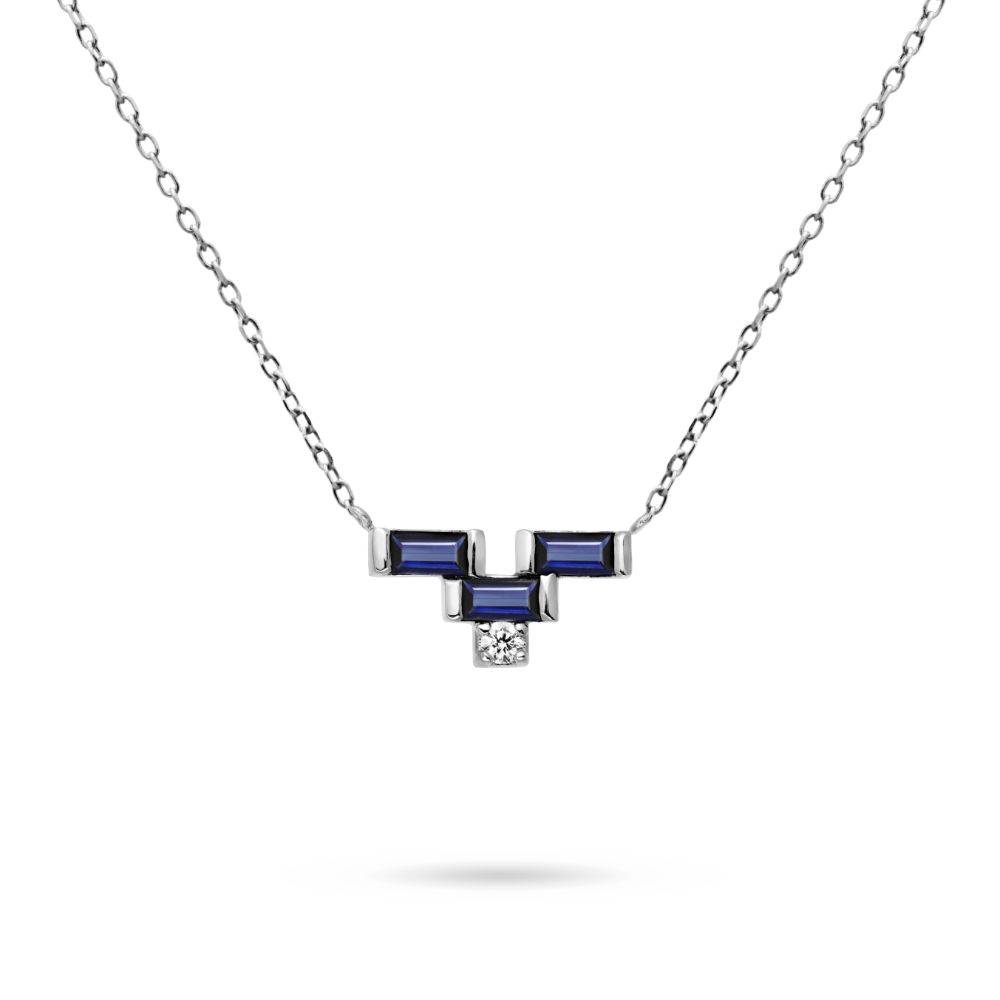 Blue Sapphire Baguette Diamond Necklace 14K White Gold