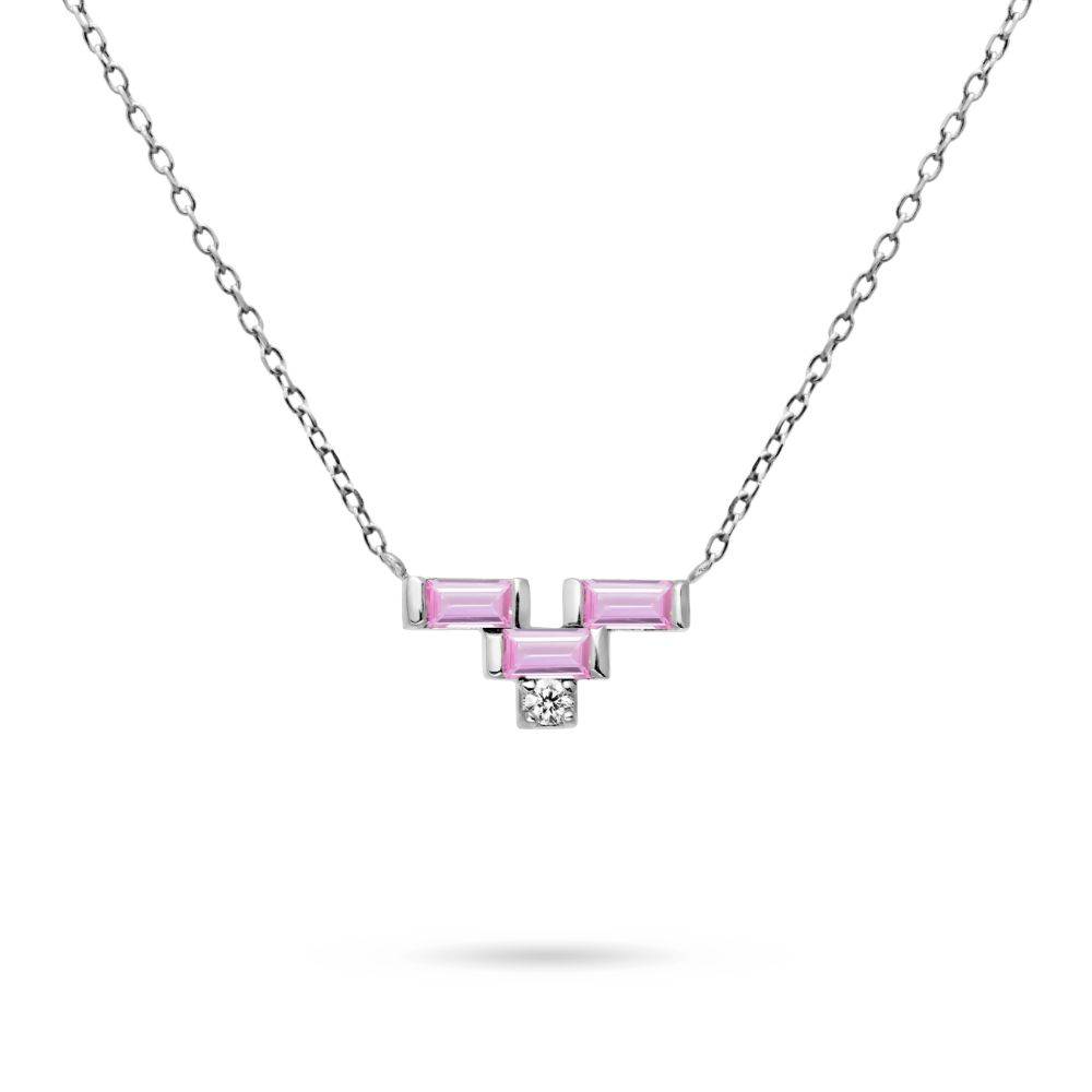 Pink Sapphire Baguette Diamond Necklace 14K Gold