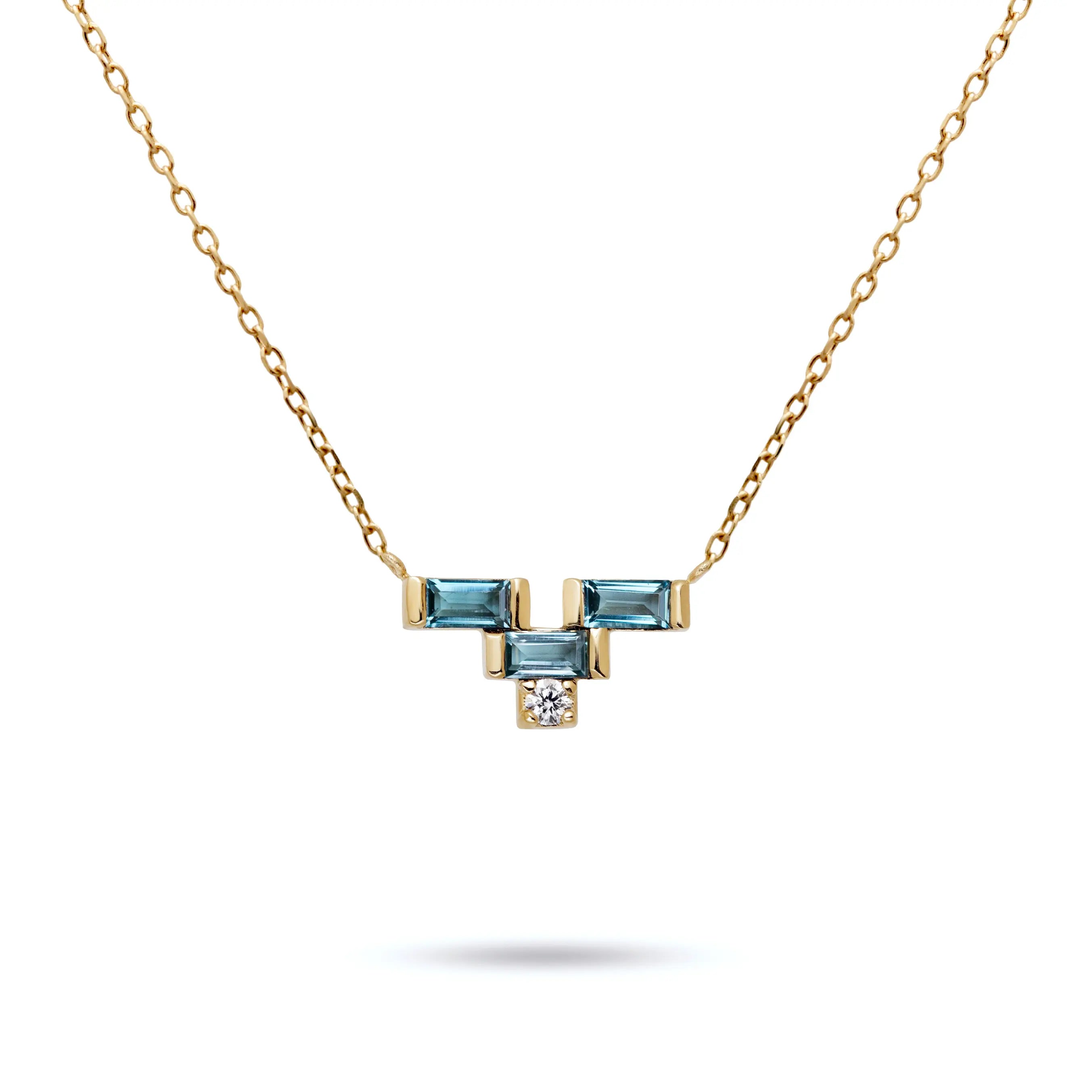 Blue Topaz Baguette Diamond Necklace 14K Gold