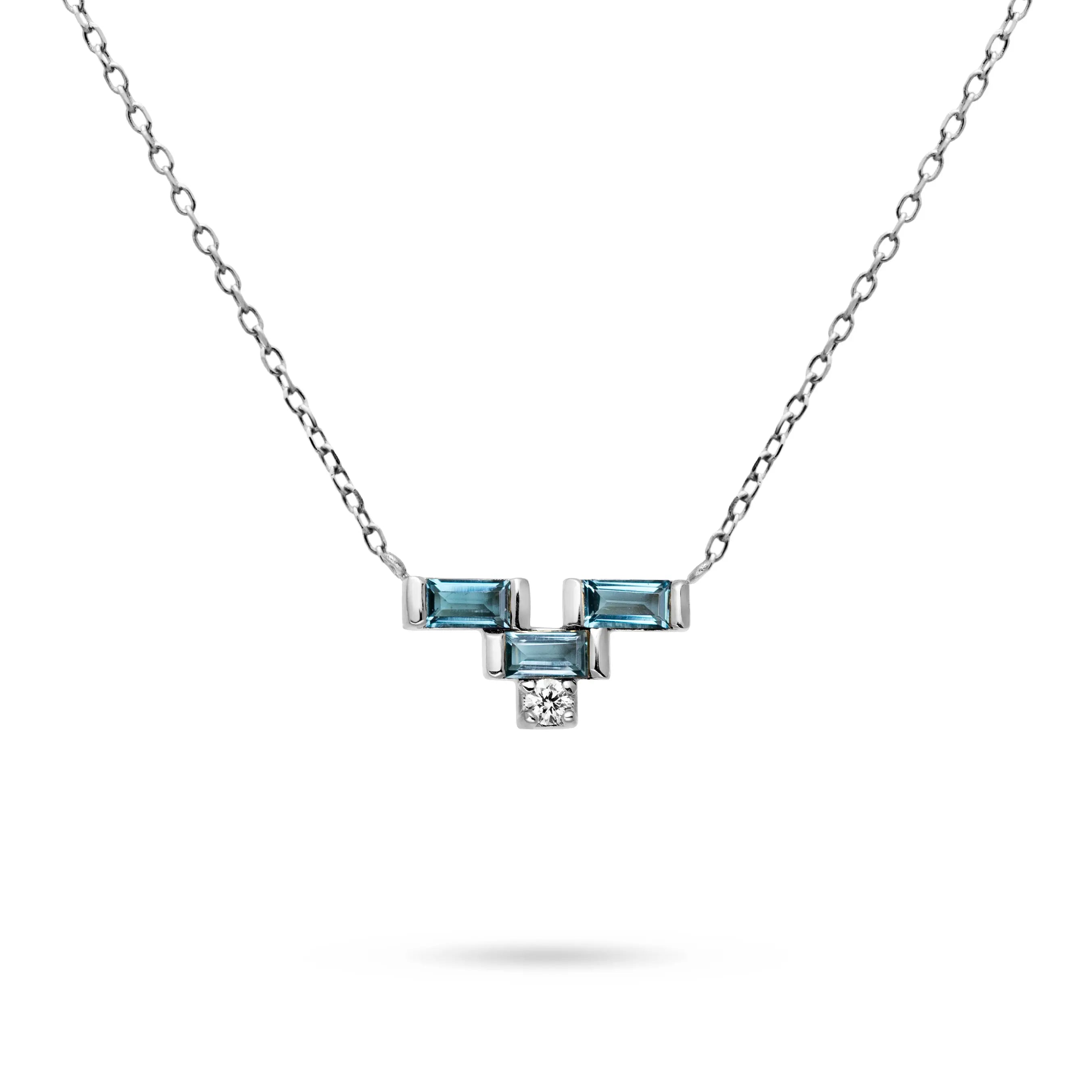 Blue Topaz Baguette Diamond Necklace 14K White Gold