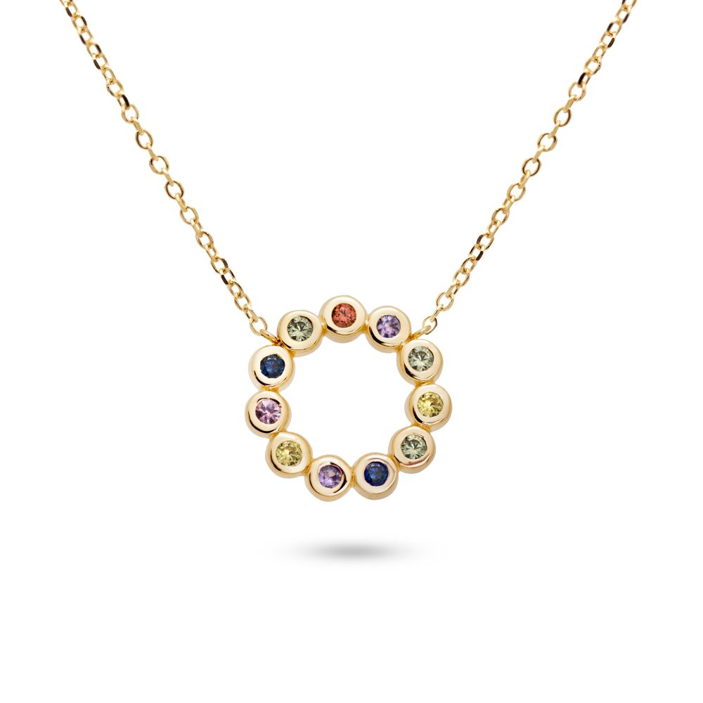 Rainbow Sapphire Necklace Circle 14K