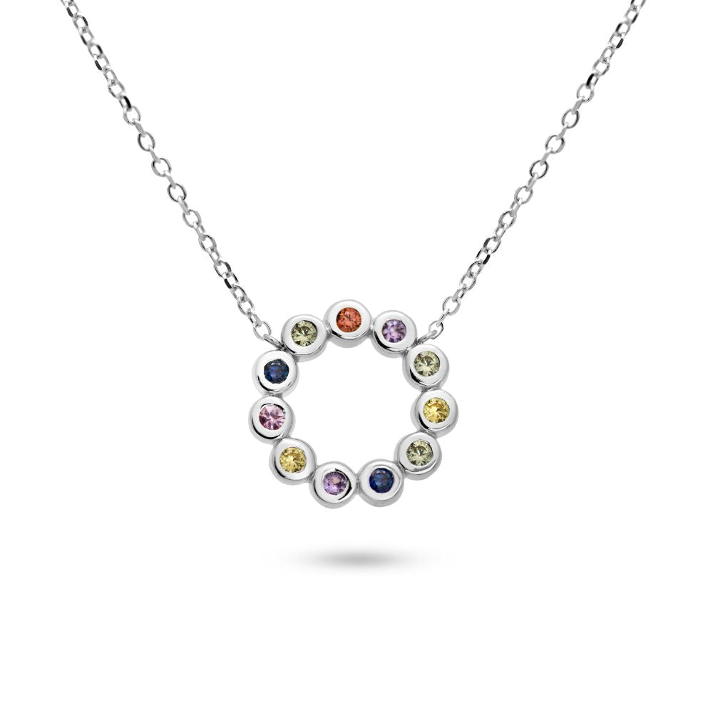 Rainbow Sapphire Necklace Circle 14K White Gold