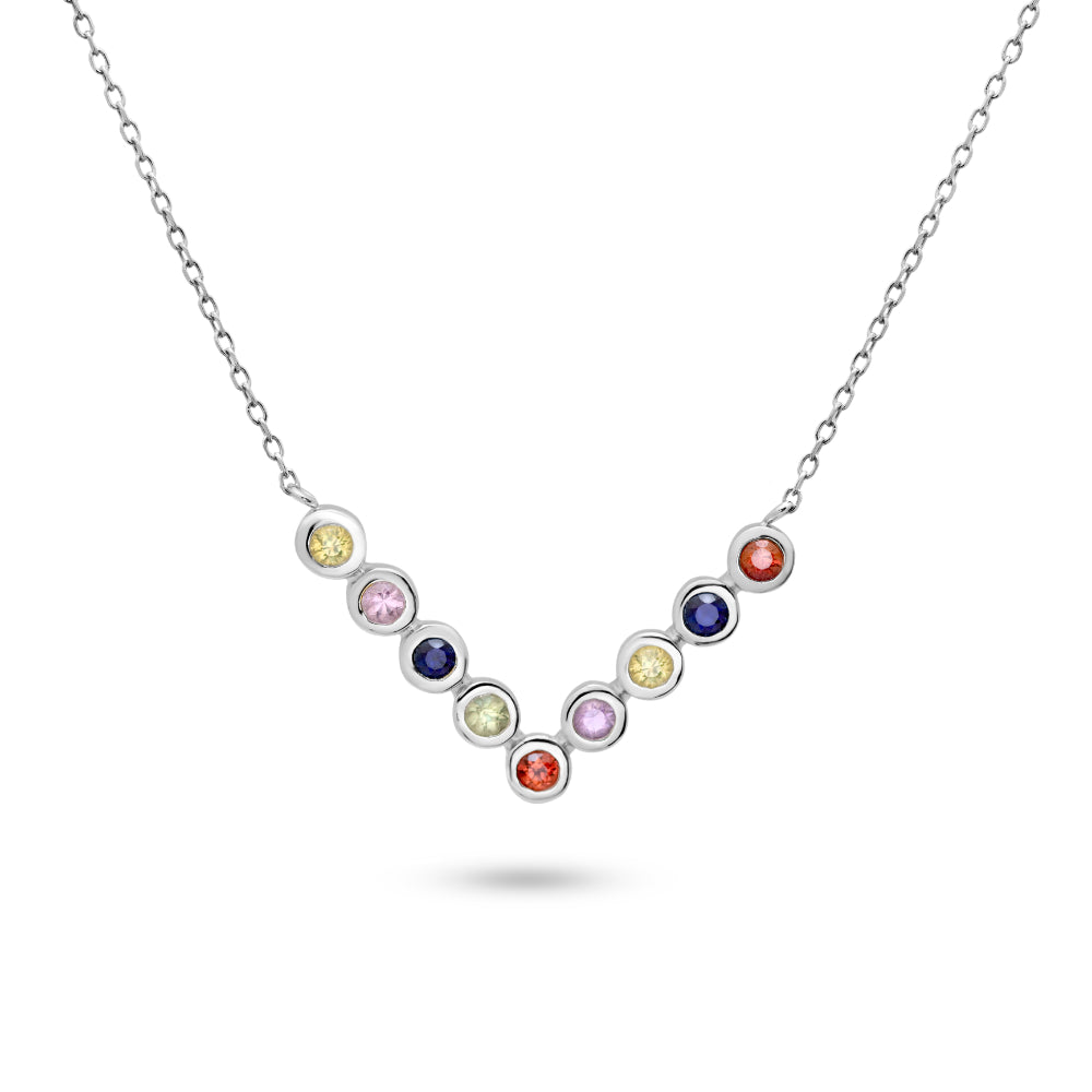 Multicolor Sapphire V Bar Necklace 14K White Gold
