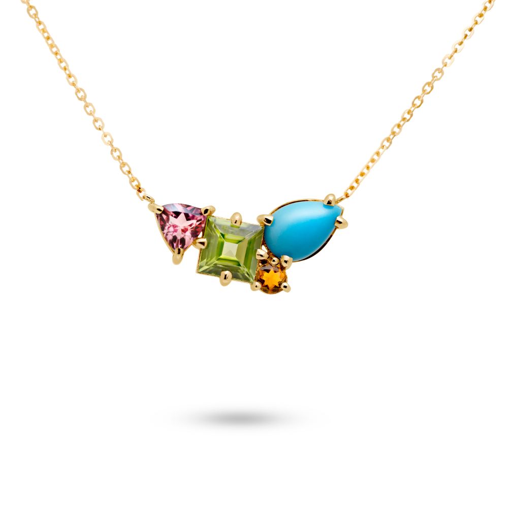 Natural Gemstone Cluster Necklace 14K Gold